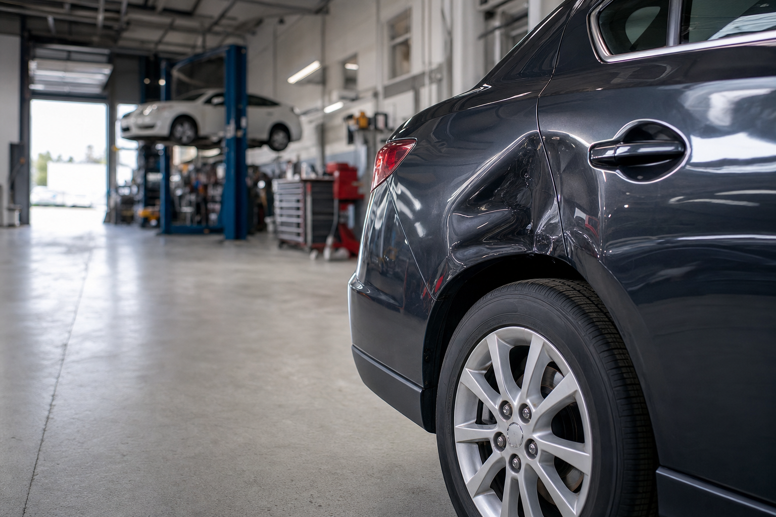 Rear quarter panel dent on a sedan in the Vorenza Auto Repair shop, ready for body work